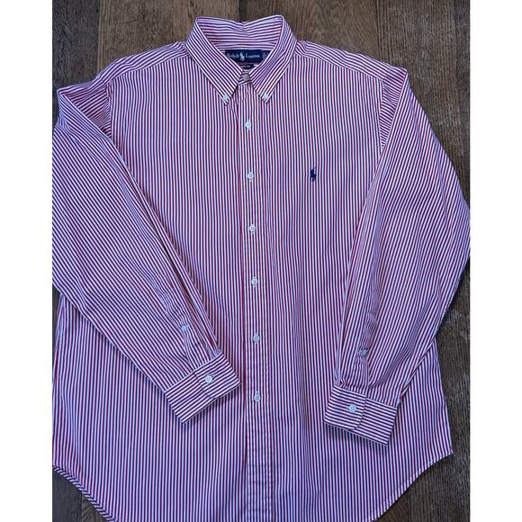 Ralph Lauren Red & White Striped Classic Fit Button Down Shirt 100% Cotton 17/34 - Picture 1 of 9